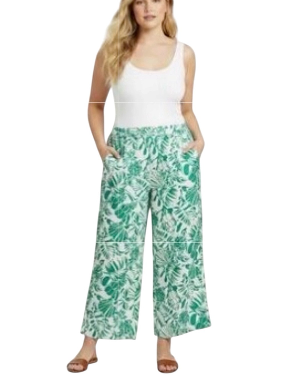 Nicole Miller Wide Leg Crop Linen Pants Size Large Tropical Green White